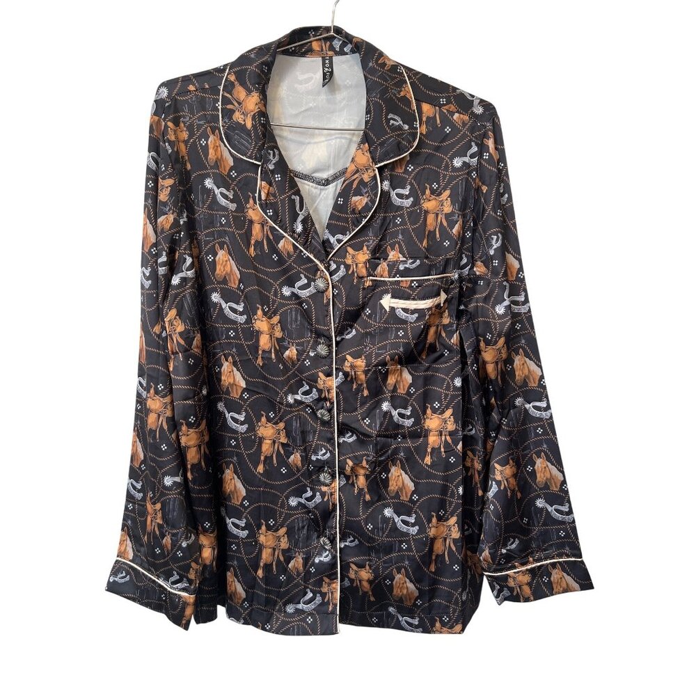 Two 2 Fly Pajama Top Size Medium Long Sleeve Button Up Black Western Cowboy
